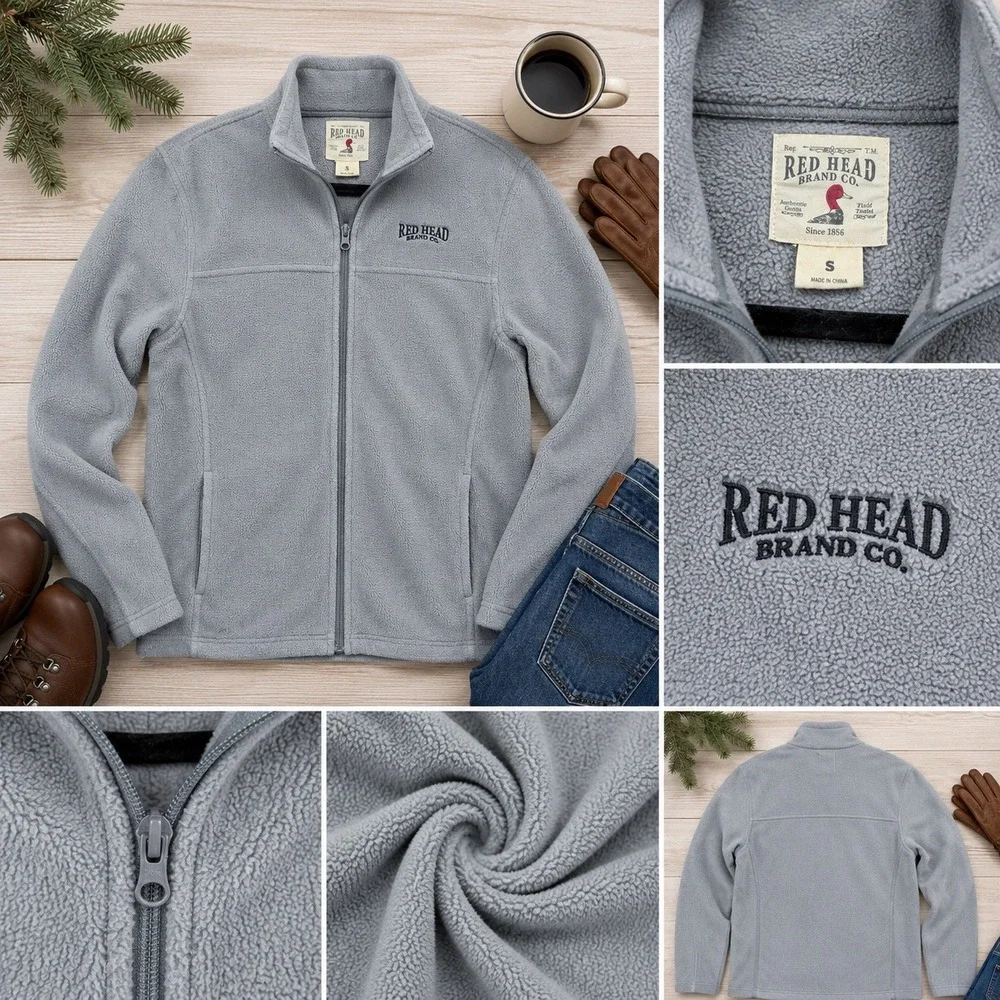 Red Head Fleece Jacket Men Small Gray Excellent Full Zip Outdoor Layering